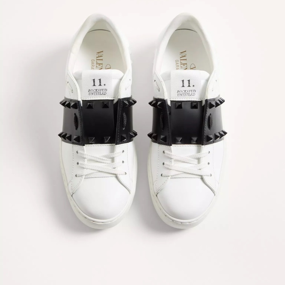 Valentino White Leather Low-Top Sneakers with Black Studded Strap